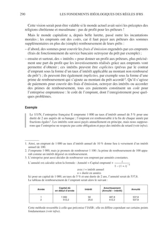 290 LES FONDEMENTS IDÉOLOGIQUES DES RÈGLES IFRS
Cette vision serait peut-être valable si le monde actuel avait suivi les préceptes des
religions chrétienne et musulmane : pas de profit pour les prêteurs !
Mais le monde capitaliste a, depuis belle lurette, passé outre les incantations
morales ; les emprunts ont des coûts, car il faut payer aux prêteurs des sommes
supplémentaires en plus du (simple) remboursement de leurs prêts :
– d’abord, des sommes pour couvrir les frais d’émission engendrés par ces emprunts
(frais de fonctionnement du service bancaire octroyeur du prêt par exemple) ;
– ensuite et surtout, des « intérêts » pour donner un profit aux prêteurs, plus précisé-
ment une part du profit que les investissements réalisés grâce aux emprunts vont
permettre d’obtenir ; ces intérêts peuvent être explicites (prévus par le contrat
d’emprunt sous la forme d’un taux d’intérêt applicable au montant non remboursé
du prêt1) ; ils peuvent être également implicites, par exemple sous la forme d’une
prime de remboursement qui s’ajoute au montant du prêt accordé2. Qu’il s’agisse
de paiements pour couvrir des frais d’émission, octroyer des intérêts ou accorder
des primes de remboursement, tous ces paiements constituent un coût pour
l’entreprise emprunteuse : le coût de l’emprunt, dont l’enregistrement pose quel-
ques problèmes.
Exemple
Le 1/1/N, l’entreprise française E emprunte 1 000 au taux d’intérêt annuel de 5 % pour une
durée de 2 ans auprès de sa banque ; l’emprunt est remboursable à la fin de chaque année par
fractions égales3. Les intérêts sont aussi payés annuellement en principe, mais nous suppose-
rons que l’entreprise ne respecte pas cette obligation et paye des intérêts de retard (voir infra).
1. Ainsi, un emprunt de 1 000 au taux d’intérêt annuel de 10 % donne lieu à versement d’un intérêt
annuel de 100.
2. J’emprunte 1 000, mais je promets de rembourser 1 100 ; la prime de remboursement de 100 appa-
raît comme un intérêt déguisé en remboursement.
3. L’entreprise peut aussi décider de rembourser son emprunt par annuités constantes.
L’annuité est calculée selon la formule : Annuité = Capital emprunté ×
L’annuité est calculée selon la formule : avec i = intérêt annuel
L’annuité est calculée selon la formule : n = durée en années
Ici pour un capital de 1 000, un taux de 5 % et une durée de 2 ans, l’annuité serait de 537,8.
Le tableau de remboursement de l’emprunt serait alors le suivant :
Cette méthode ressemble à celle que préconise l’IASB ; elle en diffère cependant sur certains points
fondamentaux (voir infra).
i
1 1 i
+
( )
–
– n
---------------------------------
-
Année
Capital dû
en début d’année
Intérêt
Amortissement
(Annuité – intérêt)
Annuité
1
2
1 000,2
512,2
50,2
25,6
487,8
512,2
537,8
537,8
 