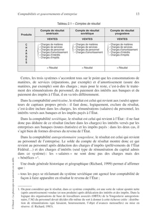 Comptabilités et gouvernements d’entreprise 13
©
Dunod
–
La
photocopie
non
autorisée
est
un
délit.
Certes, les trois systèmes s’accordent tous sur le point que les consommations de
matières, de services (réparations, par exemple) et d’amortissement (usure des
matières, par exemple) sont des charges ; mais pour le reste, c’est-à-dire le traite-
ment des rémunérations du personnel, du paiement des intérêts aux banques et du
paiement des impôts à l’État, il en va très différemment.
Dans la comptabilité américaine, le résultat est celui qui revient aux (seuls) appor-
teurs de capitaux propres privés : il faut donc, logiquement, exclure du résultat,
c’est-à-dire inclure dans les charges, les rémunérations (salaires) du personnel, les
intérêts versés aux banques et les impôts payés à l’État.
Dans la comptabilité soviétique, le résultat est celui qui revient à l’État : il ne faut
donc pas déduire de ce résultat (inclure dans les charges) les intérêts versés par les
entreprises aux banques (toutes étatisées) et les impôts payés : dans les deux cas, il
s’agit bien de formes diverses du revenu de l’État.
Dans la comptabilité autogestionnaire yougoslave, le résultat est celui qui revient
au personnel de l’entreprise. Le solde du compte de résultat montre donc ce qui
revient au personnel après déduction des charges d’impôts (prélèvements de l’État
Fédéral…) et des charges d’intérêts (seul type de rémunération du capital admis
dans ce système) : les « salaires » ne sont donc pas des charges mais des
« bénéfices »1.
Une étude générale historique et géographique (Richard, 1999) permet d’affirmer
que :
– tous les pays se réclamant du système soviétique ont agencé leur comptabilité de
façon à faire apparaître en résultat le revenu de l’État ;
Tableau 2.1 – Comptes de résultat
Produits
Compte de résultat
américain
Compte de résultat
soviétique
Compte de résultat
yougoslave
VENTES VENTES VENTES
C
H
A
R
G
E
S
- Charges de matières
- Charges de services
- Charges de personnel
- Charges d’amortissement
- Charges d’intérêts
- Charges d’impôts
- Charges de matières
- Charges de services
- Charges de personnel
- Charges d’amortissement
- Charges de matières
- Charges de services
- Charges d’amortissement
- Charges d’intérêts
- Charges d’impôts
= Résultat = Résultat = Résultat
1. On peut considérer que le résultat, dans ce système comptable, est une sorte de valeur ajoutée nette
(après amortissement) vendue (et non produite) après défalcation des intérêts et des impôts. Dans la
logique des organisations de base de travailleurs associés (OBTA) de la Yougoslavie autogestion-
naire, l’AG du personnel devait décider elle-même du sort à donner à cette richesse créée : distribu-
tion de rémunérations (qui faisaient, heureusement, l’objet d’avances mensuelles) ou mise en
réserve. (J. Richard, 1983).
 