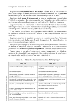 Conception et évaluation de l’actif 337
©
Dunod
–
La
photocopie
non
autorisée
est
un
délit.
S’agissant des charges différées et des charges à étaler (frais de lancement et de
publicité activés par exemple), le nouveau texte stipule carrément leur suppression
totale du fait que ni le Code ni le décret comptable ne parlent de ce poste.
S’agissant des frais de développement, le texte ne peut imposer, comme le fait
l’IASB, leur activation : il se contente de dire que l’activation est « préférentielle »,
car il ne peut aller contre l’option ouverte par l’article 19-2 du décret comptable.
S’agissant des frais de constitution, de transformation et de premier établissement,
le texte propose de les inscrire préférentiellement en charges (il ne peut s’inscrire
contre l’option d’activation ouverte par les textes supérieurs).
D’une manière plus générale, le texte propose, comme l’IASB, que les escomptes
de règlement soient déduits des actifs achetés et non comptabilisés en produits
financiers.
S’agissant des droits de mutation, honoraires ou commissions et frais d’actes, ces
frais seront désormais inclus dans le coût d’acquisition des immobilisations ou
passés totalement en charges (option).
Soulignons que ce projet de texte ne traite pas des actifs (instruments) financiers ;
les principales difficultés, celles qui concernent l’introduction de la valorisation à la
juste valeur et l’abandon du principe de prudence, sont donc pour l’instant évitées.
En conclusion, la nouvelle réglementation française des comptes individuels se
rapproche des règles IASB sans toutefois le faire totalement à cause de la prégnance
de textes d’ordre supérieur teintés d’une autre « idéologie ».
Tableau 25.1 – Tableau des alignements sur les règles IASB (en principe)
Avant 2005 Après 2005
Amortissement fiscal admis (tolérance pratique). Amortissement fiscal interdit en principe (en matière
comptable).
Amortissement par actif. Amortissement par composant d’actif.
Dépréciation en fonction de la valeur de marché ou
d’usage (imprécision).
Dépréciation en fonction de la valeur la plus élevée de
marché ou d’usage (valeur « recouvrable »).
Admission de charges différées et de charges à étaler
à l’actif (publicité, frais de lancement, formation, etc.).
Passage obligatoire en charge des dépenses corres-
pondantes.
Activation éventuelle des frais de développement. Activation préférentielle des frais de développement
(si certaines conditions sont remplies).
Activation éventuelle des frais de constitution et de
premier établissement.
Passage en charge préférentiel.
Escomptes de règlement obtenus considérés comme
des produits financiers.
Escomptes déduits des actifs achetés.
Droits de mutation, honoraires et frais d’actes exclus
du coût d’acquisition des actifs.
Éléments inclus dans le coût des actifs ou passés en
charges.
 