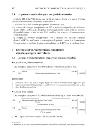 430 IDÉOLOGIE DU CORPUS RÉGLEMENTAIRE FRANÇAIS
2.4 La présentation des charges et des produits de cession
L’article 221-1 du PCG stipule que parmi les charges figure « la valeur d’entrée
des amortissements des éléments d’actifs cédés »
La lecture de la liste des comptes permet de constater que :
– le compte de charges exceptionnelles 675 « Valeurs comptables des éléments
d’actif cédés » (VCEAC) a été prévu pour enregistrer la valeur nette des comptes
d’immobilisations brutes et du débit (solde) des comptes d’amortissements
correspondants ;
– le compte de produits exceptionnels 775 « Produits des cessions éléments
d’actifs » (PCEA) a été prévu pour enregistrer le prix de cession brut des cessions.
En conclusion, la méthode de présentation choisie par le PCG est la méthode brute.
3 Exemples d’enregistrements comptables
dans les comptes individuels
3.1 Cessions d’immobilisations corporelles non amortissables
➤ Cession d’un fonds commercial
Une entreprise cède pour 1 000 000 un fonds commercial qu’elle a créé.
Commentaire
Comme ce fonds a été créé, il ne peut figurer à l’actif de l’entreprise (on suppose ici qu’il
s’agit d’une comptabilité dynamique) ; seul le prix de cession, qui correspond aussi à la plus-
value, doit être comptabilisé.
➤ Cession d’un terrain
Une entreprise cède pour 1 000 000 un terrain acheté il y a 10 ans pour 500 000.
NB : La plus-value1 nette est égale à 600 000 (1 000 000 – 400 000).
512
775
Banque
Produits des cessions d’éléments d’actif
1 000 000
1 000 000
675
21
Valeurs comptables des éléments d’actif cédés
Terrains
(Sortie du terrain au coût)
400 000
400 000
512
775
Banque
Produits des cessions d’éléments d’actif
(Prix de cession)
1 000 000
1 000 000
1. Rappelons qu’il s’agit d’une plus value apparente et non réelle (l’inflation n’étant pas prise en compte).
 