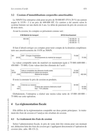 Les cessions d’actifs 431
©
Dunod
–
La
photocopie
non
autorisée
est
un
délit.
3.2 Cessions d’immobilisations corporelles amortissables
Le 30/6/N Une entreprise cède pour un prix de 50 000 HT (TVA 20 %) un camion
acquis le 1/1/N – 3 à un prix de 600 000 HT. Ce camion a été amorti selon le
système linéaire sur une durée de 4 ans. Le délai de paiement du prix de cession est
de trois mois.
Avant la cession, les comptes se présentent comme suit :
Il faut d’abord corriger ces comptes pour tenir compte de la dotation complémen-
taire aux amortissements du 1/1/N au 30/6/N.
La valeur comptable nette du matériel est maintenant égale à 75 000 (600 000 –
450 000 – 75 000). Cette valeur doit être éliminée de l’actif :
Il reste à constater le prix de cession en produits.
Globalement, l’entreprise a réalisé une moins-value nette de 15 000 (60 000 –
75 000) sur cette opération.
4 La réglementation fiscale
Elle diffère de la réglementation comptable sur deux points principaux : le traite-
ment des frais de cession et l’analyse des résultats de cession.
4.1 Le traitement des frais de cession
Selon l’administration fiscale, le prix de vente doit être retenu pour son montant
net, déduction faite des frais de cession qui s’appliquent directement à l’opération de
cession (doc. adm. 4B-131-2).
2198 Matériel de transport 28132 Amortissement
600 000 150 000 (N – 3)
150 000 (N – 2)
150 000 (N – 1)
681
28132
DAP – Charges d’exploitation
Amortissements du matériel de transport
75 000
75 000
675
28182
2182
Valeurs comptables des éléments d’actifs cédés
Amortissements du matériel de transport
Matériel de transport
75 000
525 000
600 000
462
775
4457
Créances sur cessions
Produits des cessions d’éléments d’actif
État – TVA collectée
60 000
50 000
10 000
 