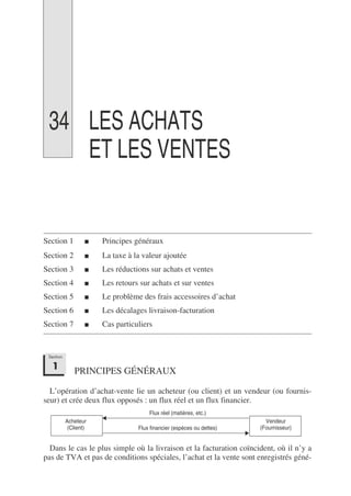 34 LES ACHATS
ET LES VENTES
Section 1 ■ Principes généraux
Section 2 ■ La taxe à la valeur ajoutée
Section 3 ■ Les réductions sur achats et ventes
Section 4 ■ Les retours sur achats et sur ventes
Section 5 ■ Le problème des frais accessoires d’achat
Section 6 ■ Les décalages livraison-facturation
Section 7 ■ Cas particuliers
PRINCIPES GÉNÉRAUX
L’opération d’achat-vente lie un acheteur (ou client) et un vendeur (ou fournis-
seur) et crée deux flux opposés : un flux réel et un flux financier.
Dans le cas le plus simple où la livraison et la facturation coïncident, où il n’y a
pas de TVA et 