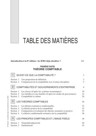 ©
Dunod
–
La
photocopie
non
autorisée
est
un
délit.
TABLE DES MATIÈRES
Introduction à la 8e édition : les IFRS déjà obsolètes ? XV
PREMIÈRE PARTIE
THÉORIE COMPTABLE
QU’EST-CE QUE LA COMPTABILITÉ ? 3
Section 1 Une proposition de définition 3
Section 2 Comparaison de la comptabilité avec d’autres disciplines 5
COMPTABILITÉS ET GOUVERNEMENTS D’ENTREPRISE 9
Section 1 Les classes (d’après les systèmes économiques) 10
Section 2 Les familles et sous-familles (d’après les modes de gouvernance) 14
Section 3 Comptabilité et culture 28
LES THÉORIES COMPTABLES 30
Section 1 Les théories normatives traditionnelles 32
Section 2 La théorie positive de la comptabilité 32
Section 3 Comparaison et évaluation des théories normative et positive 33
Section 4 La théorie conditionnelle normative de la comptabilité 36
LES PRINCIPES COMPTABLES ET L’IMAGE FIDÈLE 38
Section 1 Neutralité/subjectivité 40
Section 2 Entité/unicité 43
1
2
3
4
 