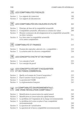 VIII COMPTABILITÉ GÉNÉRALE
LES COMPTABILITÉS FISCALES 195
Section 1 Les rapports de connexion 196
Section 2 Les rapports de déconnexion 197
LES COMPTABILITÉS EN VALEURS D’UTILITÉ 203
Section 1 Principes de base de la comptabilité actuarielle 205
Section 2 Comptabilité actuarielle, affectation et création de valeur 209
Section 3 Histoire (sommaire) du développement de la comptabilité actuarielle :
ses deux variantes 211
Section 4 Les liens entre la comptabilité actuarielle
et les autres comptabilités 211
COMPTABILITÉ ET FINANCE 215
Section 1 Examen des reproches adressés à la « comptabilité » 215
Section 2 La relation entre les diverses comptabilités 218
LES CONCEPTS D’ACTIF ET DE PASSIF 222
Section 1 Les concepts d’actif 223
Section 2 Les concepts de passif 224
LES CONCEPTS D’ÉCART D’ACQUISITION
ET DE FONDS COMMERCIAL 232
Section 1 Quelle est la nature de l’écart d’acquisition ? 233
Section 2 Faut-il amortir l’écart d’acquisition ? 239
Section 3 La position de l’IASB 241
Section 4 La réglementation française 243
LA COMPTABILITÉ ENVIRONNEMENTALE :
UNE VRAIE RÉVOLUTION COMPTABLE ? 244
Section 1 Identification et conservation du capital naturel 245
Section 2 Identification et conservation du capital humain 246
Section 3 Le problème de l’imputation de la charge environnementale 249
Section 4 Le problème de la mise en place d’une comptabilité
environnementale 249
Section 5 La question de l’actualisation 250
Section 6 La question de la fausse comptabilité environnementale 250
13
14
15
16
17
18
 