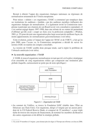 72 THÉORIE COMPTABLE
Restait à obtenir l’appui des organismes étatiques nationaux ou régionaux de
normalisation notamment de l’Union européenne.
Pour mieux « séduire » ces organismes, l’IASC a commencé par remplacer dans
ses institutions les auditeurs « lambda » par des auditeurs membres (influents) des
organismes étatiques de normalisation ; il a également invité la Commission euro-
péenne à participer aux réunions de son Board (avoir voix consultative cependant) ; il
s’est surtout engagé depuis 1997-1998, dans une refonte de ses statuts lui permettant
d’affirmer qu’elle avait « coupé ses liens avec la profession comptable » (Walton,
2001, p. 25) pour devenir une organisation plus large associant de meilleure façon, du
moins apparemment, les normalisateurs gouvernementaux (voir infra).
Cette évolution, jointe à l’impact de l’appui de l’IFAC et de l’OICV, a fait qu’en
juin 2000, nous l’avons vu, la Commission européenne a décidé de suivre les
normes IASC en matière de comptes consolidés.
La victoire de l’IASC semble donc presque totale, sauf à régler le problème de
l’obstacle américain (voir infra).
➤ La nouvelle organisation : l’IASB
L’IASB, le nouvel organisme normalisateur en tant que tel, est la pièce stratégique
d’un ensemble de cinq organisations reliées qui composent une institution plus
globale (laquelle, curieusement ne porte pas de nom spécifique) :
• Au sommet de l’édifice, se trouve la Fondation IASC (établie dans l’État au
Delaware aux États-Unis). Cet organisme, dirigé à l’origine par un ancien prési-
dent de la US Federal Reserve Bank, et composé de 22 membres1, a pour triple
tâche de trouver des moyens de financement, de nommer les membres du Board et
des autres organismes et de définir la stratégie globale.
1. Il y avait 19 membres à l’origine ; pour donner plus de sièges à l’Europe une réforme a eu lieu en 2006.
Trusters
IASC Foundation
International Financial
Reporting Interpretation
Committee (IFRIC)
Standards
Advisory
council
(SAC)
Advising Groups
IASB
Figure 5.1 – Organisation de l’IASB
 