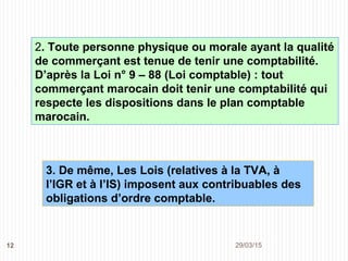 29/03/201512
2. Toute personne physique ou morale ayant la qualité
de commerçant est tenue de tenir une comptabilité.
D’après la Loi n° 9 – 88 (Loi comptable) : tout
commerçant marocain doit tenir une comptabilité qui
respecte les dispositions dans le plan comptable
marocain.
3. De même, Les Lois (relatives à la TVA, à l’IGR
et à l’IS) imposent aux contribuables des
o b l i g a t i o n s d ’ o r d r e c o m p t a b l e .
 