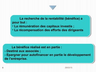 29/03/20158
La recherche de la rentabilité (bénéfice) a
pour but :
• La rémunération des capitaux investis ;
• La récompensation des efforts des dirigeants
Le bénéfice réalisé est en partie :
- Destiné aux associés ;
- Epargner pour autofinancer en partie le développement
de l’entreprise.
 