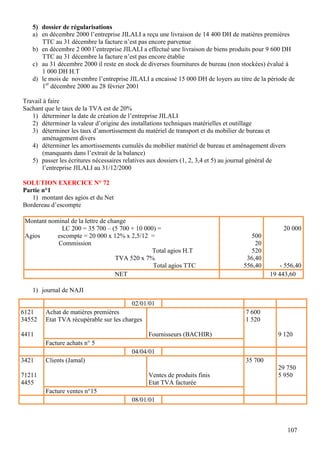107
5) dossier de régularisations
a) en décembre 2000 l’entreprise JILALI a reçu une livraison de 14 400 DH de matières premières
TTC au 31 décembre la facture n’est pas encore parvenue
b) en décembre 2 000 l’entreprise JILALI a effectué une livraison de biens produits pour 9 600 DH
TTC au 31 décembre la facture n’est pas encore établie
c) au 31 décembre 2000 il reste en stock de diverses fournitures de bureau (non stockées) évalué à
1 000 DH H.T
d) le mois de novembre l’entreprise JILALI a encaissé 15 000 DH de loyers au titre de la période de
1er
décembre 2000 au 28 février 2001
Travail à faire
Sachant que le taux de la TVA est de 20%
1) déterminer la date de création de l’entreprise JILALI
2) déterminer la valeur d’origine des installations techniques matérielles et outillage
3) déterminer les taux d’amortissement du matériel de transport et du mobilier de bureau et
aménagement divers
4) déterminer les amortissements cumulés du mobilier matériel de bureau et aménagement divers
(manquants dans l’extrait de la balance)
5) passer les écritures nécessaires relatives aux dossiers (1, 2, 3,4 et 5) au journal général de
l’entreprise JILALI au 31/12/2000
SOLUTION EXERCICE N° 72
Partie n°1
1) montant des agios et du Net
Bordereau d’escompte
Montant nominal de la lettre de change
LC 200 = 35 700 – (5 700 + 10 000) =
Agios escompte = 20 000 x 12% x 2,5/12 =
Commission
Total agios H.T
TVA 520 x 7%
Total agios TTC
500
20
520
36,40
556,40
20 000
- 556,40
NET 19 443,60
1) journal de NAJI
02/01/01
6121
34552
4411
Achat de matières premières
Etat TVA récupérable sur les charges
Fournisseurs (BACHIR)
7 600
1 520
9 120
Facture achats n° 5
04/04/01
3421
71211
4455
Clients (Jamal)
Ventes de produits finis
Etat TVA facturée
35 700
29 750
5 950
Facture ventes n°15
08/01/01
 