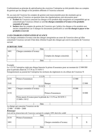 25
Conformément au principe de spécialisation des exercices l’entreprise ne doit prendre dans ses comptes
de gestion que les charges et les produits afférents à l’exercice concerné
Or, au cours de l’exercice les comptes de gestion sont mouvementés pour des montants qui ne
correspondent pas à l’exercice en question donc des régularisations sont nécessaires pour :
 Exclure de l’exercice concerné les charges et les produits déjà enregistrés en comptabilité qui ne
concernent pas l’exercice clôturé ce sont les charges constatées d’avance et les produits
constatés d’avance
 Inclure dans les comptes de gestion de l’exercice qui s’achève les charges et les produits non
encore comptabilisés car il manque les documents justificatifs ce sont les charges à payer et les
produits à recevoir
1 LES CHARGES CONSTATEES D’AVANCE
Les charges constatées d’avance sont des charges enregistrées au cours de l’exercice alors qu’elles
concernent l’exercice suivant il faut donc éliminer la part des charges qui couvre une partie de l’exercice
suivant
ECRITURE TYPE
Date
3491
6
Charges constatées d’avance
Comptes de charges concernés
X
X
Date
Exemple
Le 1/11/N l’entreprise règle par chèque bancaire la prime d’assurance pour un montant de 12 000 DH
pour la période allant du 1/11/N au 31/10/N+1
Enregistrement au journal de l’entreprise les écritures du règlement et a la clôture de l’exercice N
1/11/N
6134
5141
Primes d’assurances
Banque
12 000
12 000
31/12/N
3491
6134
Charges constatées d’avance 10 000
10 000Primes d’assurances
Prime payée d’avance pour la période du 1/11/N au 30/10/N+1
12 000 x 10/12
Date
La charge qui concerne l’exercice est de
12 000 – 10 000 = 2000
Remarque
Lors de la réouverture de l’exercice suivant le compte 3491 doit être soldé
Date
6134
3491
Primes d’assurances
Charges constatées d’avance
X
X
Date
 