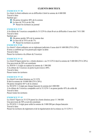 77
CLIENTS DOUTEUX
EXERCICE N° 38
Le client A client ordinaire est en difficultés il doit la somme de 6 000 DH
Travail à faire
Sachant que :
On pense récupérer 40% de la somme
Le taux de TVA est de 20ù
Passer les écritures au journal
EXERCICE N°39
A la clôture de l’exercice comptable le 31/12/N le client B est en difficultés il nous doit 7 811 DH
Travail à faire
Sachant que :
On pense perdre 30% de la somme due
Le taux de la TVA est de 7%
Passer les écritures au journal
EXERCICE N°40
Le client C client ordinaire est en règlement judiciaire il nous doit 81 600 DH (TVA 20%)
Il nous a confirmé qu’il ne pourra pas régler sa dette
Travail à faire
Passer les écritures a la clôture de l’exercice
EXERCICE N° 41
Le client D figure parmi les « clients douteux » au 31/12/N il doit la somme de 5 400 DH (TVA 20%)
Une provision de 20% est constituée
Le 30/9/N+1 il règle en espèces la somme de 1 500 DH
A la clôture de l’exercice on porte la provision à 40%
Travail à faire
Passer toutes les écritures
EXERCICE N° 42
Le client E est classé douteux au 31/12/N
Il doit la somme de 10 800 DH (TVA 20%)
On pense récupérer 60 % de la créance
Le 30/10/N+1 il règle par cheque bancaire la somme de 6 000 DH
A la clôture de l’exercice comptable soit le 31/12/N+1 on pense perdre 45% du solde dû
Travail à faire
Passer toutes les écritures
EXERCICE N° 43
Le client F figure au 31/12/N parmi les clients douteux pour 11 340 DH
Une provision de 50% avait été constituée
Le 29/10/N+1 il règle pour solde la somme de 3 000 DH par cheque bancaire
Travail à faire
Passer les écritures du règlement et de la régularisation de la créance au 31/12/N+1
 