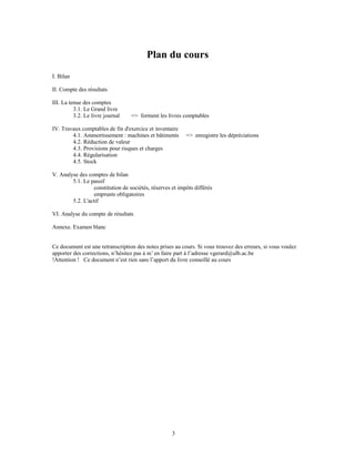 Plan du cours
I. Bilan
II. Compte des résultats
III. La tenue des comptes
3.1. Le Grand livre
3.2. Le livre journal => forment les livres comptables
IV. Travaux comptables de fin d'exercice et inventaire
4.1. Ammortissement : machines et bâtiments => enregistre les dépréciations
4.2. Réduction de valeur
4.3. Provisions pour risques et charges
4.4. Régularisation
4.5. Stock
V. Analyse des comptes de bilan
5.1. Le passif
constitution de sociétés, réserves et impôts différés
emprunts obligatoires
5.2. L'actif
VI. Analyse du compte de résultats
Annexe. Examen blanc
Ce document est une retranscription des notes prises au cours. Si vous trouvez des erreurs, si vous voulez
apporter des corrections, n’hésitez pas à m’ en faire part à l’adresse vgerard@ulb.ac.be
!Attention ! Ce document n’est rien sans l’apport du livre conseillé au cours
3
 