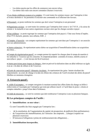 43
- Les dettes payées par les effets de commerce non encore échus.
- Les dettes nées mais non encore constatées (facture à recevoir).
• Les clients créditeurs avances et a comptes : Ce sont toutes les sommes reçues par l’entreprise à titre
d’avance destinées à lui permettre d’exécuter une commande ou d’effectuer des travaux.
• Personnel : ce poste renferme les sommes que doit verser l’entreprise à son personnel
• Organismes sociaux : ce sont toutes les sommes que l’entreprise doit verser à la C N S S , à la caisse de
retraite à la mutuelle et aux autres organismes sociaux ainsi que les charges sociales à payer .
• Etat créditeur : ce poste regroupe les sommes que l’entreprise doit payer à l’état sous forme d’impôts .
(Etat TVA facturée, patente, taxe urbaine, IGR ..)
• Comptes d’associés : ces comptes représentent les sommes qui sont dues par l’entreprise à ses associés
ou à ses administrateurs.
• Autres créanciers : ils représentent autres dettes sur acquisition d’immobilisation dettes sur acquisition
des titres…
• Compte de régularisation passif : ce compte permet de repartir les charges dans le temps de manière à
les rattacher à l’exercice qui les concerne. Il comprend produits constatés d’avance, intérêts courus et
non échus à payer… ( voir travaux de fin d’exercice)
• Autres provisions pour risques et charges : dont en prévoit la réalisation dans un délai inférieur ou égale
à un an à la date de clôture et de l’exercice.
• Ecarts de conversion passif / éléments circulants : ils représentent des gains latents résultant des
réajustements au cours de change à la date de clôture des créances de l’actif circulant des dettes du passif
libellées en monnaies étrangères.
5- Trésorerie-passif :
• crédit d’escomptes : ce compte enregistre le montant nominal des effets (lettre de change ou billet à
ordre) remis à l’escompte par l’entreprise qui reste par ailleurs inscrit à l’actif dans le poste « clients et
comptes rattachés » jusqu’à leur date d’échéance.
• Crédit de trésorerie : ce sont les sommes que doit rembourser l’entreprise à une ou plusieurs banques.
B) Les principaux comptes de l’actifs :
1- Immobilisations en non valeur :
Ce sont l’ensemble des frais engagés par l’entreprise lors :
- de la constitution, de l’augmentation du capital, de prospection, de publicité (frais préliminaires).
- de l’acquisition des immobilisations, de l’émission des emprunts… (charges à repartir sur
plusieurs exercices).
- D’émission d’obligations ( prime de remboursement des obligations)…
2- Immobilisations incorporelles.
 