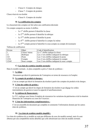 -

Classe 6 : Comptes de charges

-

Classe 7 : Comptes de produits

Classe réservée au résultat
-

Classe 8 : Comptes de résultat

B) La codification des comptes
Le classement des comptes est fait selon une codification décimale
Un compte comporte au moins 4 chiffres
-

Le 1er chiffre permet d’identifier la classe

-

Le 2ème chiffre permet d’identifier la rubrique

-

Le 3ème chiffre permet d’identifier le poste

-

Le 4ème chiffre permet d’identifier le compte lui même

-

Le 5ème compte permet d’identifier le sous-compte ou compte divisionnaire

Tableau de codification
Niveau
1.
12
123
1234
12345

Objet
Classe/ masse
Rubrique
Poste
Compte
Sous- compte

Code d’identification
Le 1er chiffre indique la classe
Les 2 1ers chiffres indiquent la rubrique
Les 3 1ers chiffres indiquent le poste
Les 4 1ers chiffres indiquent le compte
Les 2 1ers chiffres indiquent le sous- compte

C) Les états de synthèse (modèle normale)
Dans le modèle normale , le plan comptable a prévu 5 états de synthèses :
1) Le bilan :
Document qui décrit le patrimoine de l’entreprise en terme de ressource et d’emploi.
2) Le compte de produit et charges :
c’est un compte qui décrit la formation du résultat à partir des comptes de produit et de charges.
3) L’état des soldes de gestion :
C’est un compte qui décrit les étapes de formation du résultat et qui dégage les soldes
intermédiaires de gestion et aussi la capacité d’autofinancement.
4) Le tableau de financement :
Le T.F. explique sous forme d’emplois de ressources les variations du patrimoine et de la situation
financière de l’entreprise au cours de l’exercice .
5) L’état des informations complémentaires :
C’est un ensemble de document qui complète et commente l’information donnée par les autres
états de synthèses.
D) Les états de synthèse modèle simplifié :
Les états de synthèses de ce modèle ne sont pas différents de ceux du modèle normal, mais ils sont
obtenus par une comptabilité moins détaillée que celle aboutissant aux états du modèle normale.

37

 