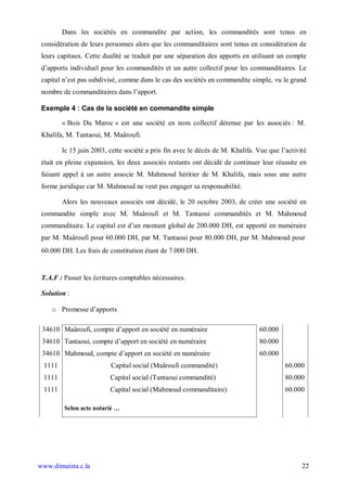 Dans les sociétés en commandite par action, les commandités sont tenus en
 considération de leurs personnes alors que les commanditaires sont tenus en considération de
 leurs capitaux. Cette dualité se traduit par une séparation des apports en utilisant un compte
 d’apports individuel pour les commandités et un autre collectif pour les commanditaires. Le
 capital n’est pas subdivisé, comme dans le cas des sociétés en commandite simple, vu le grand
 nombre de commanditaires dans l’apport.

 Exemple 4 : Cas de la société en commandite simple

        « Bois Du Maroc » est une société en nom collectif détenue par les associés : M.
 Khalifa, M. Tantaoui, M. Maâroufi.

        le 15 juin 2003, cette société a pris fin avec le décès de M. Khalifa. Vue que l’activité
 était en pleine expansion, les deux associés restants ont décidé de continuer leur réussite en
 faisant appel à un autre associe M. Mahmoud héritier de M. Khalifa, mais sous une autre
 forme juridique car M. Mahmoud ne veut pas engager sa responsabilité.

        Alors les nouveaux associés ont décidé, le 20 octobre 2003, de créer une société en
 commandite simple avec M. Maâroufi et M. Tantaoui commandités et M. Mahmoud
 commanditaire. Le capital est d’un montant global de 200.000 DH, est apporté en numéraire
 par M. Maâroufi pour 60.000 DH, par M. Tantaoui pour 80.000 DH, par M. Mahmoud pour
 60.000 DH. Les frais de constitution étant de 7.000 DH.


 T.A.F : Passer les écritures comptables nécessaires.

 Solution :

    o Promesse d’apports

 34610 Maâroufi, compte d’apport en société en numéraire                       60.000
 34610 Tantaoui, compte d’apport en société en numéraire                       80.000
 34610 Mahmoud, compte d’apport en société en numéraire                        60.000
 1111                     Capital social (Maâroufi commandité)                           60.000
 1111                    Capital social (Tantaoui commandité)                            80.000
 1111                    Capital social (Mahmoud commanditaire)                          60.000

         Selon acte notarié …




www.dimaista.c.la                                                                              22
 