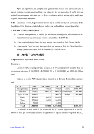 Après ces opérations, les comptes sont généralement soldés, sauf cependant dans le
 cas où certains associés restent débiteurs ou créanciers les uns des autres. Il suffit alors de
 solder leurs comptes en admettant que ces dettes et créances perdent leur caractère social pour
 acquérir un caractère personnel.

 N.B: Dans toute société, la personnalité morale de la société survit pour les besoins de la
 liquidation. Cette dernière est généralement réalisée par un liquidateur nommé à cet effet.

 3. DROITS D’ENREGISTREMENT :

     ¾ L’acte de prorogation de la société qui ne contient ni obligation, ni transmission de
          biens immeubles ou meubles est soumis à un droit fixe de 1.000 dh.

     ¾ L’acte de dissolution de la société sans partage est soumis à un droit fixe de 200 dh.

     ¾ Le partage de l’actif net entre les ayants-droit est soumis au droit de 1% sur l’actif net
          partagé (hors soulte), et un droit de mutation de 5% sur la soulte.

          II- ASPECT COMPTABLE:

 1- Opérations de liquidation d'une société

 Exemple 1:

          La société ABC est composée de 3 associés A, B et C qui détiennent le capital dans les
 proportions suivantes: A 200.000 DH, B 500.000 DH et C 300.000 DH soit 1.000.000 DH au
 total.

          Bilan de la société ABC se présente au moment de la décision de dissolution comme
 suit:

          ACTIF               Brut         Amt / Prov         Net      PASSIF        Brut
          Frais prélimin.     200.000            50.000      150.000    Capital   1.000.000
             Matériel         700.000          300.000       400.000 Fournisseurs   200.000
          Dépôts et caut.     100.000                        100.000   Banque       100.000
              Stocks          400.000            50.000      350.000
              Clients         270.000            20.000      250.000
              Caisse           50.000                         50.000
              Total         1.720.000          520.000     1.300.000                 1.300.000
          Les associés se sont réunis et ont nommé M. SAJID comme liquidateur de la société.
 Durant le mois qui a suivi cette décision, les opérations de liquidation réalisées par M. SAJID,




www.dimaista.c.la                                                                                50
 