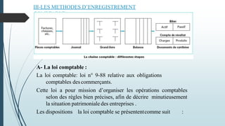 III-LES METHODES D’ENREGISTREMENT
COMPTABLE:
A- La loi comptable :
La loi comptable: loi n° 9-88 relative aux obligations
comptables descommerçants.
Cette loi a pour mission d’organiser les opérations comptables
selon des règles bien précises, afin de décrire minutieusement
la situation patrimoniale des entreprises .
Les dispositions la loi comptable se présententcomme suit :
 