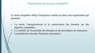 Organisation des travaux comptables
Le droit comptable oblige l'entreprise à mettre en place une organisation qui
permette:
• La saisie, l'enregistrement et la conservation des données sur des
registres comptables
• Le contrôle de l'exactitude des données et des procédures de traitement;
• La production desétats financiers nécessaires.
 