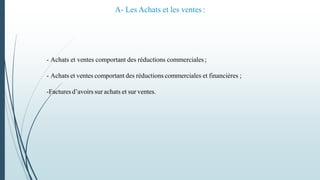 A- Les Achats et les ventes :
- Achats et ventes comportant des réductions commerciales;
- Achats et ventes comportant des réductions commerciales et financières ;
-Factures d’avoirs sur achats et sur ventes.
 