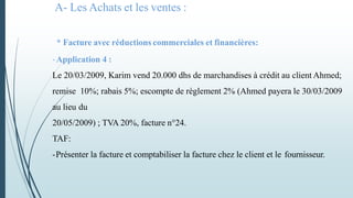 A- Les Achats et les ventes :
* Facture avec réductions commerciales et financières:
-Application 4 :
Le 20/03/2009, Karim vend 20.000 dhs de marchandises à crédit au client Ahmed;
remise 10%; rabais 5%; escompte de règlement 2% (Ahmed payera le 30/03/2009
au lieu du
20/05/2009) ; TVA 20%, facture n°24.
TAF:
-Présenter la facture et comptabiliser la facture chez le client et le fournisseur.
 