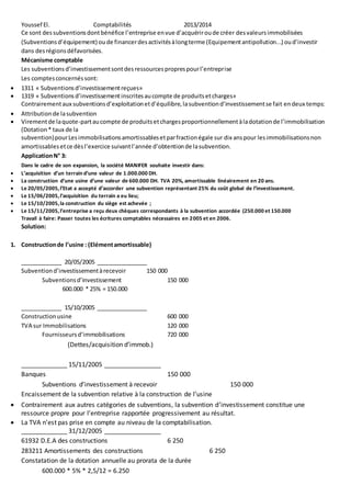 Youssef El. Comptabilités 2013/2014 
Ce sont des subventions dont bénéfice l’entreprise en vue d’acquérir ou de créer des valeurs immobilisées 
(Subventions d’équipement) ou de financer des activités à long terme (Equipement antipollution...) ou d’investir 
dans des régions défavorisées. 
Mécanisme comptable 
Les subventions d’investissement sont des ressources propres pour l’entreprise 
Les comptes concernés sont: 
 1311 « Subventions d’investissement reçues» 
 1319 « Subventions d’investissement inscrites au compte de produits et charges» 
Contrairement aux subventions d’exploitation et d’équilibre, la subvention d’investissement se fait en deux temps: 
 Attribution de la subvention 
 Virement de la quote-part au compte de produits et charges proportionnellement à la dotation de l’immobilisation 
(Dotation * taux de la 
subvention) pour Les immobilisations amortissables et par fraction égale sur dix ans pour les immobilisations non 
amortissables et ce dès l’exercice suivant l’année d’obtention de la subvention. 
Application N° 3: 
Dans le cadre de son expansion, la société MANIFER souhaite investir dans: 
 L’acquisition d’un terrain d’une valeur de 1.000.000 DH. 
 La construction d’une usine d’une valeur de 600.000 DH. TVA 20%, amortissable linéairement en 20 ans. 
 Le 20/05/2005, l’Etat a accepté d’accorder une subvention représentant 25% du coût global de l’investissement. 
 Le 15/06/2005, l’acquisition du terrain a eu lieu; 
 Le 15/10/2005, la construction du siège est achevée ; 
 Le 15/11/2005, l’entreprise a reçu deux chèques correspondants à la subvention accordée (250.000 et 150.000 
Travail à faire: Passer toutes les écritures comptables nécessaires en 2005 et en 2006. 
Solution: 
1. Construction de l’usine : (Elément amortissable) 
_____________ 20/05/2005 ________________ 
Subvention d’investissement à recevoir 150 000 
Subventions d’investissement 150 000 
600.000 * 25% = 150.000 
_____________ 15/10/2005 ________________ 
Construction usine 600 000 
TVA sur Immobilisations 120 000 
Fournisseurs d’immobilisations 720 000 
(Dettes/acquisition d’immob.) 
_____________ 15/11/2005 ________________ 
Banques 150 000 
Subventions d’investissement à recevoir 150 000 
Encaissement de la subvention relative à la construction de l’usine 
 Contrairement aux autres catégories de subventions, la subvention d’investissement constitue une 
ressource propre pour l’entreprise rapportée progressivement au résultat. 
 La TVA n’est pas prise en compte au niveau de la comptabilisation. 
_____________ 31/12/2005 ________________ 
61932 D.E.A des constructions 6 250 
283211 Amortissements des constructions 6 250 
Constatation de la dotation annuelle au prorata de la durée 
600.000 * 5% * 2,5/12 = 6.250 
 