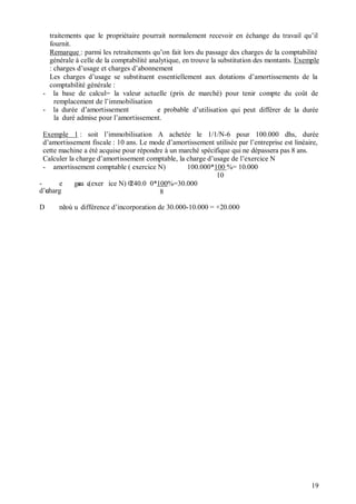 traitements que le propriétaire pourrait normalement recevoir en échange du travail qu’il
fournit.
Remarque : parmi les retraitements qu’on fait lors du passage des charges de la comptabilité
générale à celle de la comptabilité analytique, en trouve la substitution des montants. Exemple
: charges d’usage et charges d’abonnement
Les charges d’usage se substituent essentiellement aux dotations d’amortissements de la
comptabilité générale :
- la base de calcul= la valeur actuelle (prix de marché) pour tenir compte du coût de
remplacement de l’immobilisation
- la durée d’amortissement e probable:
la duré admise pour l’amortissement.
d’utilisation qui peut différer de la durée
Exemple 1 : soit l’immobilisation A achetée le 1/1/N-6 pour 100.000 dhs, durée
d’amortissement fiscale : 10 ans. Le mode d’amortissement utilisée par l’entreprise est linéaire,
cette machine a été acquise pour répondre à un marché spécifique qui ne dépassera pas 8 ans.
Calculer la charge d’amortissement comptable, la charge d’usage de l’exercice N
- amortissement comptable ( exercice N) 100.000*100 %= 10.000
10
- e
d’ucharg
gesa c(exer :ice N) 0240.0 0*100%=30.000
8
D ne’où u différence d’incorporation de 30.000-10.000 = +20.000
19
 