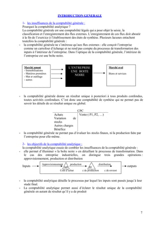 INTRODUCTION GENERALE
1- les insuffisances de la comptabilité générale :
Pourquoi la comptabilité analytique ?
La comptabilité générale est une comptabilité légale qui a pour objet la saisie, la
classification et l’enregistrement des flux externes. L’enregistrement de ces flux doit aboutir
à la fin de l’exercice à l’établissement des états de synthèse. Plusieurs lacunes entachent
toutefois la comptabilité générale :
- la comptabilité générale ne s’intéresse qu’aux flux externes : elle conçoit l’entreprise
comme un carrefour d’échange et ne rend pas compte du processus de transformation des
inputs à l’intérieur de l’entreprise. Dans l’optique de la comptabilité générale, l’intérieur de
l’entreprise est une boîte noire.
Marché amont
- Immobilisations
- Matières premières
- Mat et outillage
- autres
L’ENTREPRISE
UNE BOITE
NOIRE
Marché aval
Biens et services
- la comptabilité générale donne un résultat unique à posteriori à tous produits confondus,
toutes activités confondues. C’est donc une comptabilité de synthèse qui ne permet pas de
savoir les détails de ce résultat unique ou global.
Achats
Variation de
stocks
Autres charges
Bénéfice
CPC
Vente ( P1, P2, …)
- la comptabilité générale ne permet pas d’évaluer les stocks finaux, ni la production faite par
l’entreprise pour elle-même.
2- les objectifs de la comptabilité analytique :
la comptabilité analytique essaie de combler les insuffisances de la comptabilité générale :
- elle permet d’illuminer « la boîte noire » en détaillant le processus de transformation. Dans
le cas des entreprise industrielles, on distingue trois grandes opérations :
approvisionnement, production et distribution
Inputs
Approvisionnement production distribution
MP PF
Coût d’achat c de production c de revient
outputs
- la comptabilité analytique détaille le processus par lequel les inputs sont passés jusqu’à leur
stade final.
- La comptabilité analytique permet aussi d’éclater le résultat unique de la comptabilité
générale en autant de résultat qu’il y a de produit
7
 