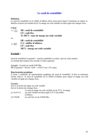 Le seuil de rentabilité
Définition
Le seuil de rentabilité est le chiffre d’affaires (hors taxes) pour lequel l’entreprise ne réalise ni
bénéfice ni perte (un résultat de 0). La marge sur coût variable est donc égale aux charges fixes.
Calcul
SR=
CF
SR : seuil de rentabilitéTx MCV
ou
SR=
CA*CF
MCV
CF : coût fixe
Tx MCV : taux de marge sur coût variable
SR : seuil de rentabilité
CA : chiffre d affaires
CF : coût fixe
MCV : marge sur coût variable
Exemple :
Seuil de rentabilité en quantité = seuil de rentabilité en valeur / prix de vente unitaire
Le résultat doit toujours être arrondi à l’entier supérieur
Exemple : Un pain est vendu 0,90 Dhs.
SR en quantité = 963,64 / 0,90 = 1 070,71 soit 1 071 pains
Représentation graphique
Il existe 3 méthodes de représentation graphique du seuil de rentabilité. Il faut au minimum
retenir celle-ci : le seuil de rentabilité est le chiffre d’affaires pour lequel la marge sur coût
variable est égale aux charges fixes.
Exemple :
Soit y1 la droite de marge sur coût variable
Soit y2 la droite des charges fixes
Le taux de marge sur coût variable est de 55 % ; la marge
y1=0,55 CA sur coût variable est donc égale à 55 % du chiffre
d’affaires.
y2=530,00 Le coût fixe est de 530,00 Dhs.
29
 