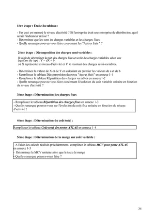 1ère étape : Étude du tableau :
- Par quoi est mesuré le niveau d'activité ? Si l'entreprise était une entreprise de distribution, quel
serait l'indicateur utilisé ?
- Déterminez quelles sont les charges variables et les charges fixes
- Quelle remarque pouvez-vous faire concernant les "Autres frais " ?
2ème étape : Décomposition des charges semi-variables :
Il s'agit de déterminer la part des charges fixes et celle des charges variables selon une
équation du type : Y = aX + b
où X représente le niveau d'activité et Y le montant des charges semi-variables.
- Déterminez la valeur de X et de Y en calculant en premier les valeurs de a et de b
- Remplissez le tableau Décomposition du poste "Autres frais" en annexe 1-1
- Remplissez le tableau Répartition des charges variables en annexe1-2
- Quelle remarque pouvez-vous faire concernant l'évolution du coût variable unitaire en fonction
du niveau d'activité ?
3ème étape : Détermination des charges fixes
- Remplissez le tableau Répartition des charges fixes en annexe 1-3
- Quelle remarque pouvez-vous sur l'évolution du coût fixe unitaire en fonction du niveau
d'activité ?
4ème étape : Détermination du coût total :
Remplissez le tableau Coût total des postes ATLAS en annexe 1-4
5ème étape : Détermination de la marge sur coût variable :
- A l'aide des calculs réalisés précédemment, complétez le tableau MCV pour poste ATLAS
en annexe 1-5
- Déterminez la MCV unitaire ainsi que le taux de marge
- Quelle remarque pouvez-vous faire ?
34
 