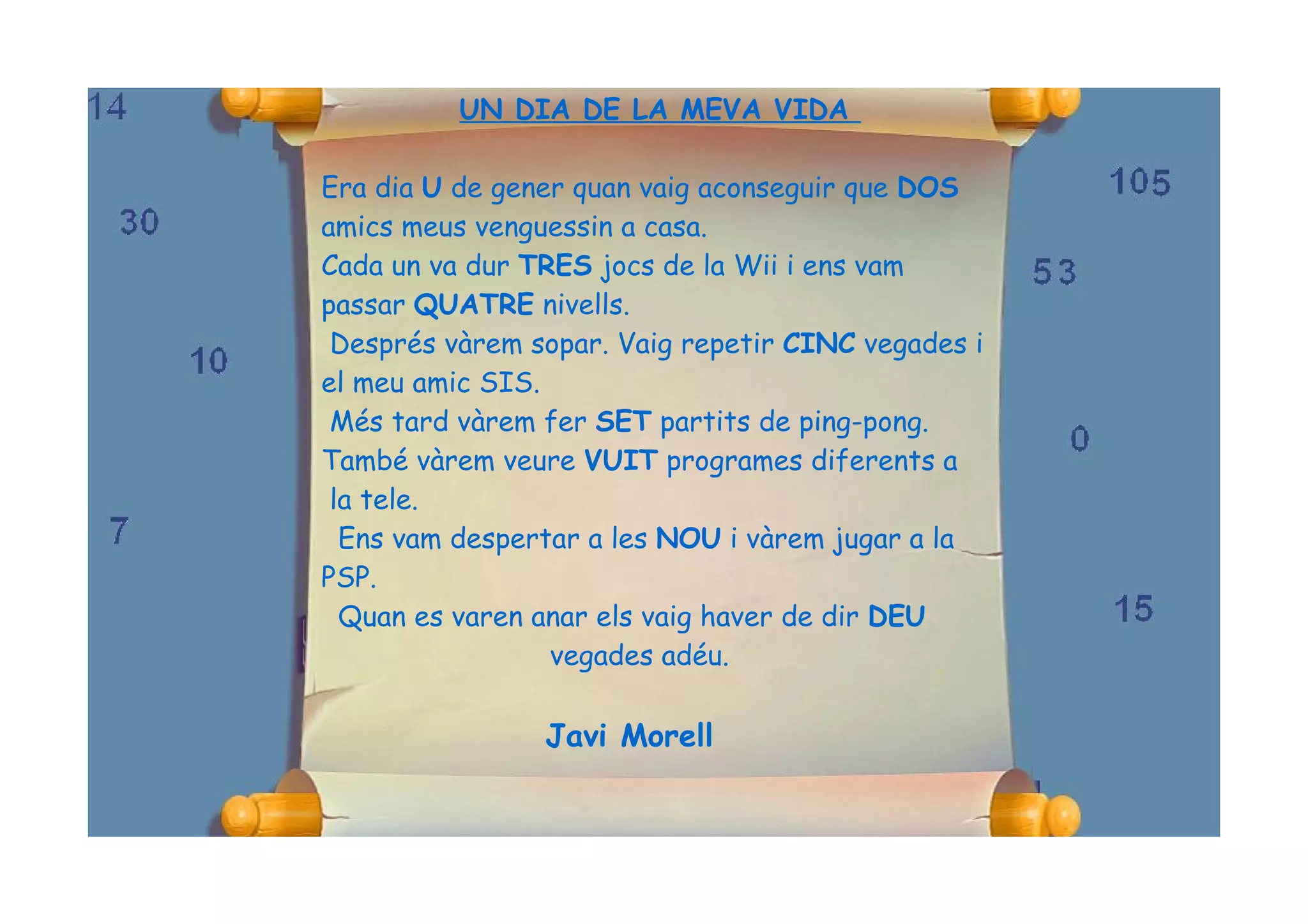 UN DIA DE LA MEVA VIDA

Era dia U de gener quan vaig aconseguir que DOS
amics meus venguessin a casa.
Cada un va dur TRES jocs de la Wii i ens vam
passar QUATRE nivells.
 Després vàrem sopar. Vaig repetir CINC vegades i
el meu amic SIS.
 Més tard vàrem fer SET partits de ping-pong.
També vàrem veure VUIT programes diferents a
 la tele.
  Ens vam despertar a les NOU i vàrem jugar a la
PSP.
  Quan es varen anar els vaig haver de dir DEU
                 vegades adéu.

                Javi Morell
 