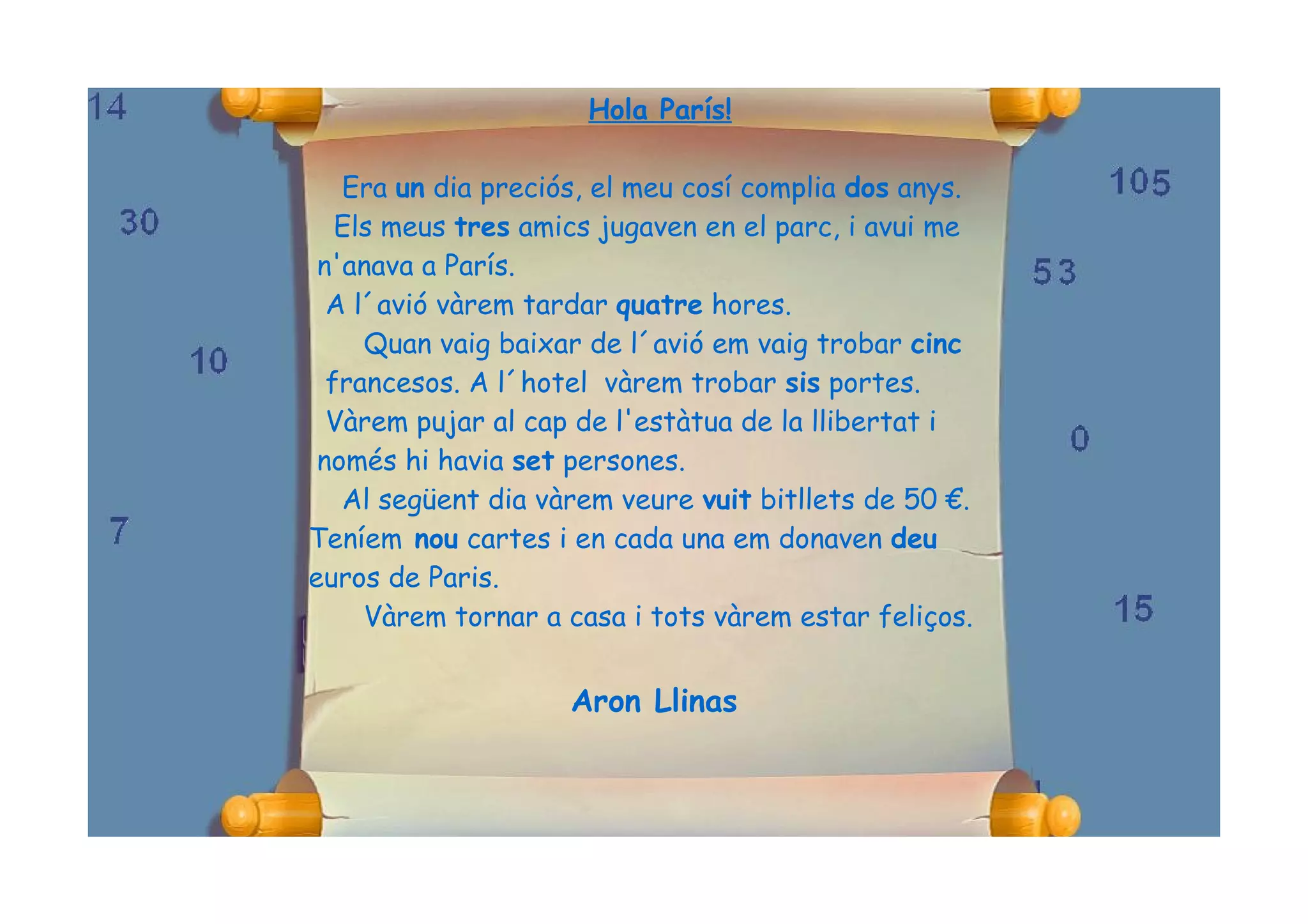 Hola París!

   Era un dia preciós, el meu cosí complia dos anys.
   Els meus tres amics jugaven en el parc, i avui me
 n'anava a París.
  A l´avió vàrem tardar quatre hores.
     Quan vaig baixar de l´avió em vaig trobar cinc
  francesos. A l´hotel vàrem trobar sis portes.
  Vàrem pujar al cap de l'estàtua de la llibertat i
 només hi havia set persones.
   Al següent dia vàrem veure vuit bitllets de 50 €.
Teníem nou cartes i en cada una em donaven deu
euros de Paris.
     Vàrem tornar a casa i tots vàrem estar feliços.


                    Aron Llinas
 