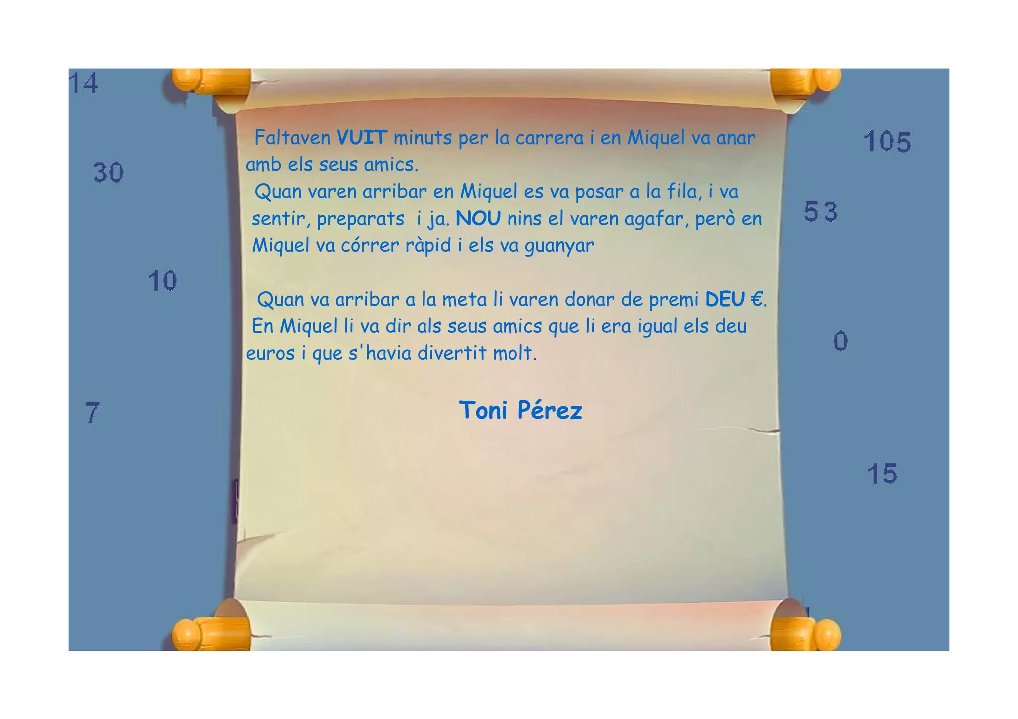 Faltaven VUIT minuts per la carrera i en Miquel va anar
amb els seus amics.
 Quan varen arribar en Miquel es va posar a la fila, i va
 sentir, preparats i ja. NOU nins el varen agafar, però en
 Miquel va córrer ràpid i els va guanyar

 Quan va arribar a la meta li varen donar de premi DEU €.
 En Miquel li va dir als seus amics que li era igual els deu
euros i que s'havia divertit molt.


                        Toni Pérez
 