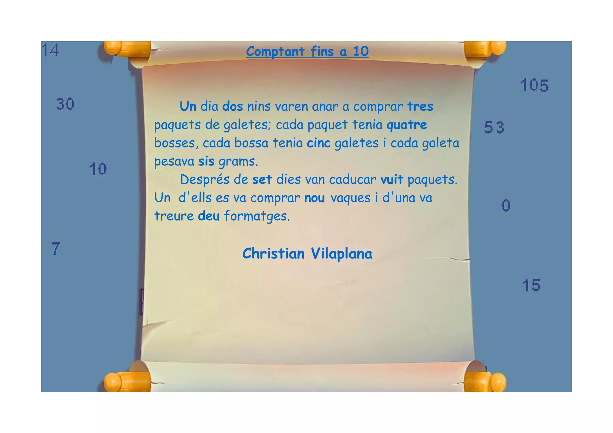 Comptant fins a 10



    Un dia dos nins varen anar a comprar tres
paquets de galetes; cada paquet tenia quatre
bosses, cada bossa tenia cinc galetes i cada galeta
pesava sis grams.
    Després de set dies van caducar vuit paquets.
Un d'ells es va comprar nou vaques i d'una va
treure deu formatges.

              Christian Vilaplana
 