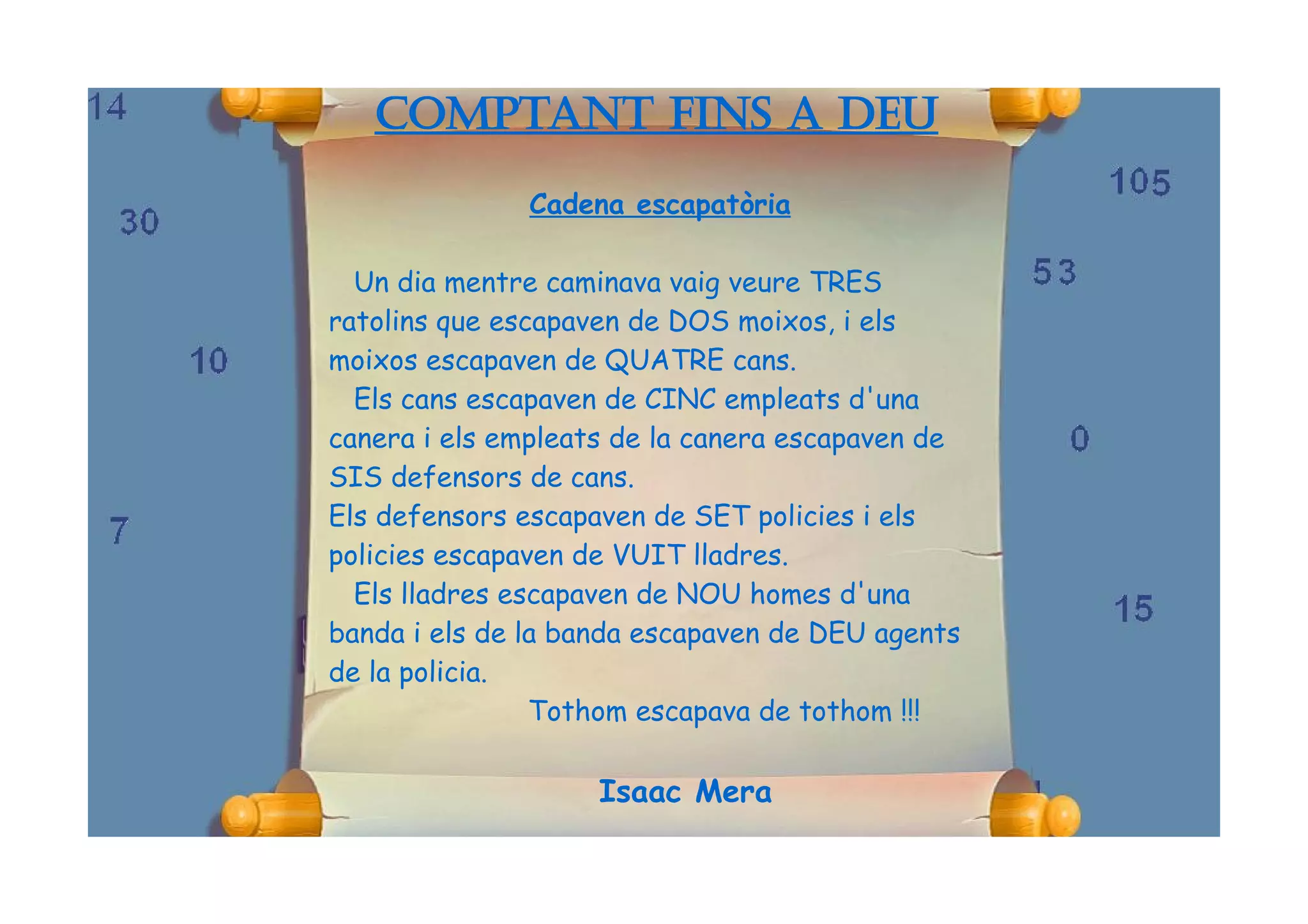 Comptant fins a deu
              Cadena escapatòria

  Un dia mentre caminava vaig veure TRES
ratolins que escapaven de DOS moixos, i els
moixos escapaven de QUATRE cans.
  Els cans escapaven de CINC empleats d'una
canera i els empleats de la canera escapaven de
SIS defensors de cans.
Els defensors escapaven de SET policies i els
policies escapaven de VUIT lladres.
  Els lladres escapaven de NOU homes d'una
banda i els de la banda escapaven de DEU agents
de la policia.
                Tothom escapava de tothom !!!

                    Isaac Mera
 