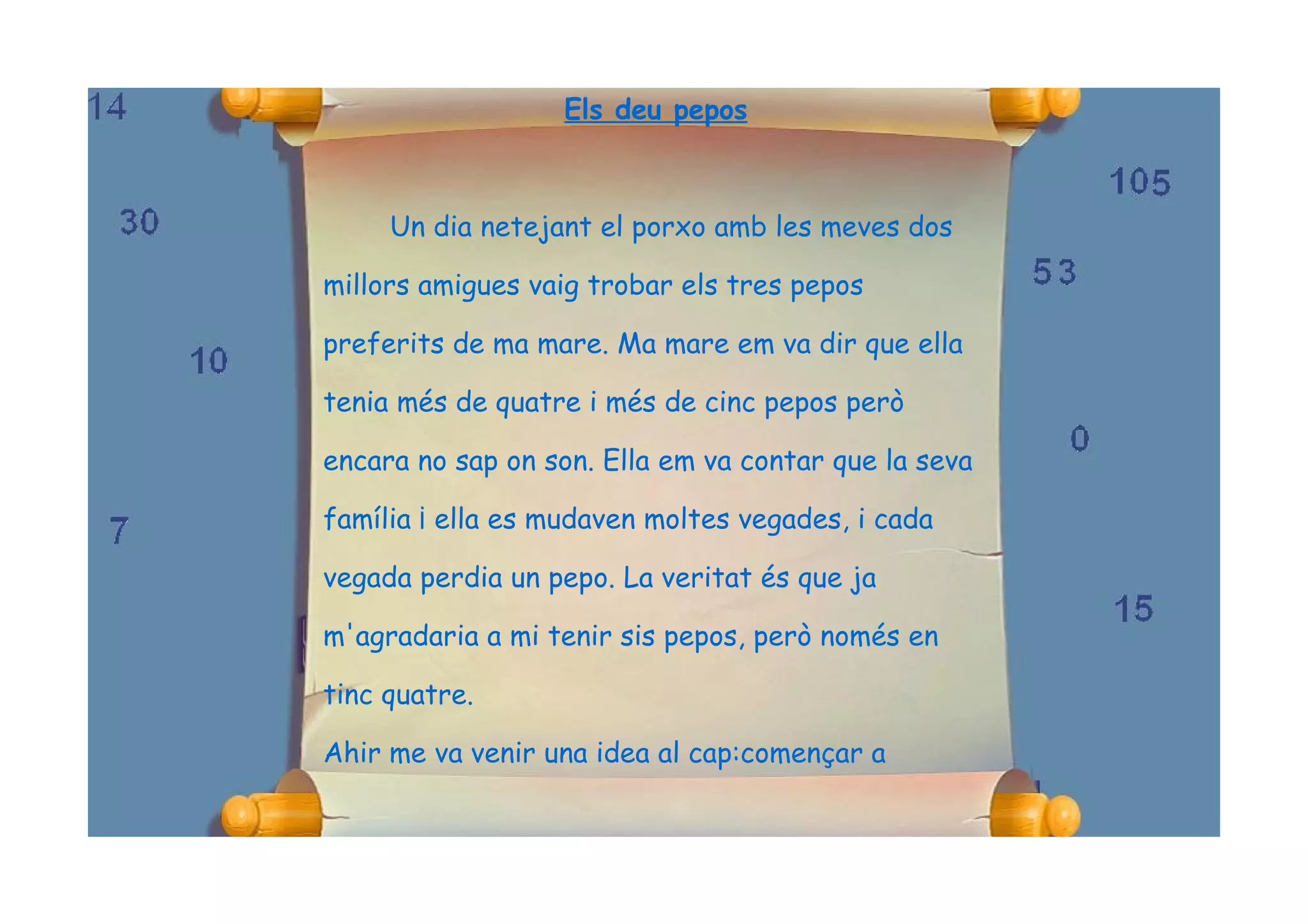 Els deu pepos



     Un dia netejant el porxo amb les meves dos

millors amigues vaig trobar els tres pepos

preferits de ma mare. Ma mare em va dir que ella

tenia més de quatre i més de cinc pepos però

encara no sap on son. Ella em va contar que la seva

família ¡ ella es mudaven moltes vegades, i cada

vegada perdia un pepo. La veritat és que ja

m'agradaria a mi tenir sis pepos, però només en

tinc quatre.

Ahir me va venir una idea al cap:començar a
 
