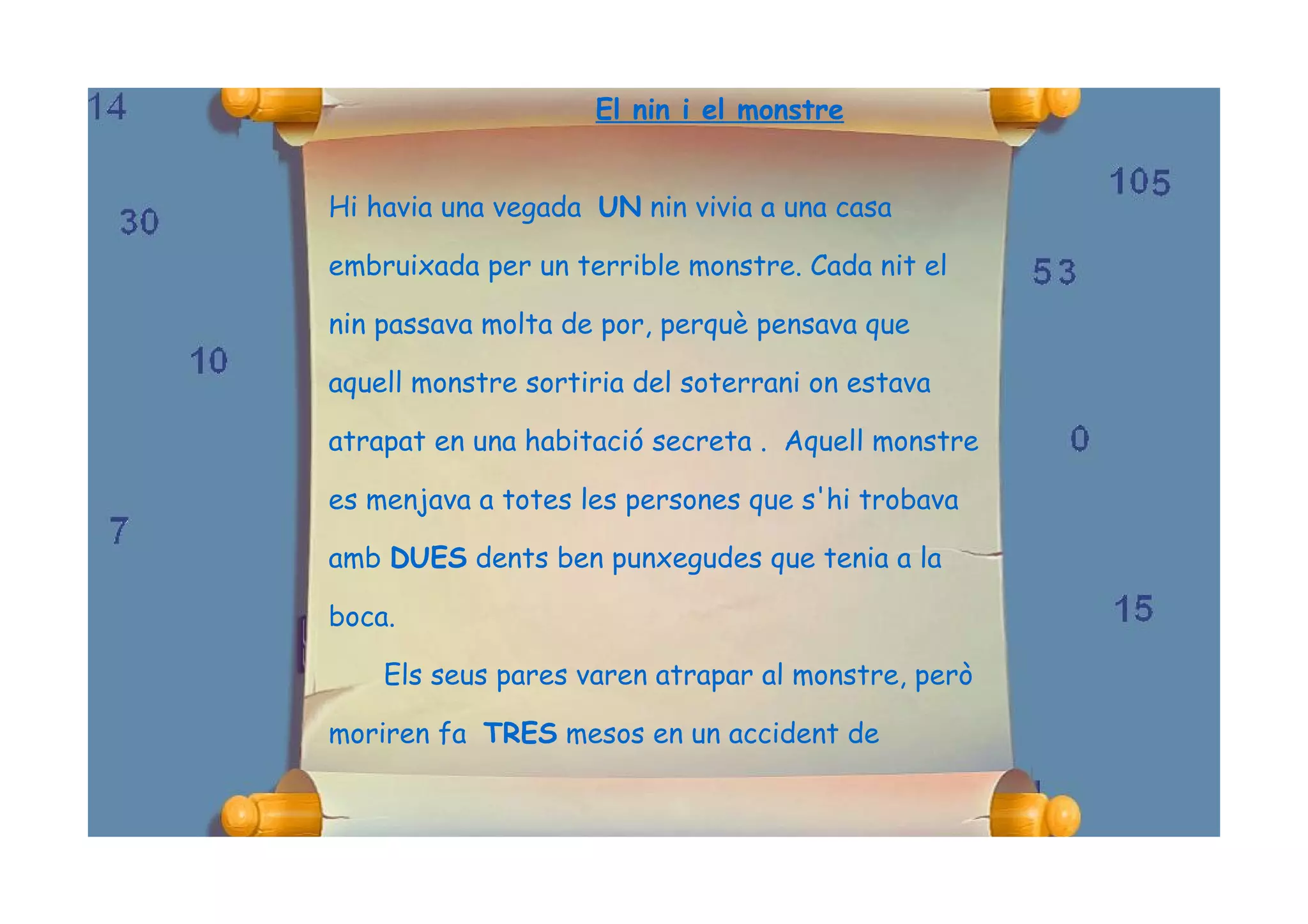 El nin i el monstre


Hi havia una vegada UN nin vivia a una casa

embruixada per un terrible monstre. Cada nit el

nin passava molta de por, perquè pensava que

aquell monstre sortiria del soterrani on estava

atrapat en una habitació secreta . Aquell monstre

es menjava a totes les persones que s'hi trobava

amb DUES dents ben punxegudes que tenia a la

boca.

    Els seus pares varen atrapar al monstre, però

moriren fa TRES mesos en un accident de
 