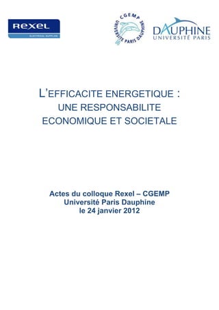 L’EFFICACITE ENERGETIQUE :
  UNE RESPONSABILITE
ECONOMIQUE ET SOCIETALE




 Actes du colloque Rexel – CGEMP
     Université Paris Dauphine
         le 24 janvier 2012
 