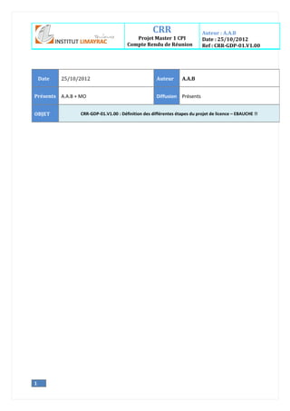 CRR
Projet Master 1 CPI
Compte Rendu de Réunion
Auteur : A.A.B
Date : 25/10/2012
Ref : CRR-GDP-01.V1.00
1
Date 25/10/2012 Auteur A.A.B
Présents A.A.B + MO Diffusion Présents
OBJET CRR-GDP-01.V1.00 : Définition des différentes étapes du projet de licence – EBAUCHE !!
 