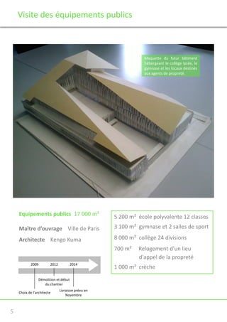 Visite des équipements publics

Maquette du futur bâtiment
hébergeant le collège lycée, le
gymnase et les locaux destinés
aux agents de propreté.

Equipements publics 17 000 m²

5 200 m² école polyvalente 12 classes

Maître d’ouvrage Ville de Paris

3 100 m² gymnase et 2 salles de sport

Architecte Kengo Kuma

8 000 m² collège 24 divisions
700 m²

2009

2012

2014

Démolition et début
du chantier
Choix de l’architecte

5

Livraison prévu en
Novembre

Relogement d'un lieu
d'appel de la propreté

1 000 m² crèche

 