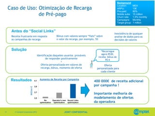 Background
                                                                                                         Location:       MEA
     Caso de Uso: Otimização de Recarga                                                                  ARPU:
                                                                                                         Pre-paid:
                                                                                                                         13€
                                                                                                                         80%
                  de Pré-pago                                                                            Mobile subs:
                                                                                                         Churn rate:
                                                                                                                         15 million
                                                                                                                         1.5% monthly
                                                                                                         Campaigns:      Monthly
                                                                                                         Target group:   1 million


      Antes do “Social Links”
                                                                                                    Inexistência de qualquer
      Receita frustrante em resposta                 Bônus com valores sempre “flats” sobre         analise de dados para as
      as campanhas de recarga                        o valor da recarga, por exemplo, 5%            decisões de valores


      Solução                                                                            “Recarregue
                                                                                          agora R$30,
                                     Identificação daqueles usuarios prováveis
                                                                                       receba bônus de
                                             de responder positivamente                      R$ 6
                                                         +
                                        Oferta personalizada em valores de                  Oferta
                                        recarga, bônus, momento de oferta             personalizada para
                                                                                         cada cliente


      Resultados                       Aumento de Receita por Campanha
                                                                                   400 000€ de receita adicional
                                                                                   por campanha !
                         Million €




                                                                                   Importante melhoria de
                                                                                   modelamento de ofertas
                                                                                   da operadora

17      © Comptel Corporation 2012                         JOINT CONFIDENTIAL
 