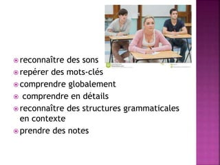  reconnaître des sons
 repérer des mots-clés
 comprendre globalement
 comprendre en détails
 reconnaître des structures grammaticales
en contexte
 prendre des notes
 