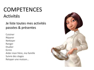 COMPETENCES
Loisirs
Je liste tous mes loisirs
passés & présents
Nager
Danser
Pédaler
Jouer au foot
Skier
Chanter
Jouer
Courir
Danser en boite
Rapper
Mixer…
 