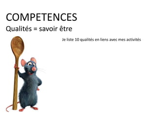 COMPETENCES
Activités
Je liste toutes mes activités
passées & présentes
Cuisiner
Réparer
Nettoyer
Ranger
Etudier
Ecrire
Aider mon frère, ma famille
Suivre des stages
Retaper une maison…
 