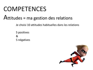 COMPETENCES
Expérience = Savoir faire
Qu’est ce que j’ai appris ?
Qu’est ce que je
sais faire
aujourd’hui ?
 