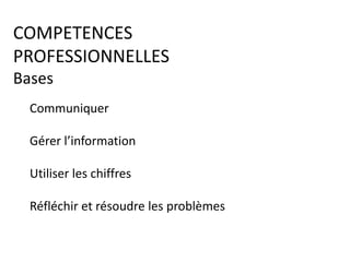 COMPETENCES
Mes intelligences ???
•corporelle /
kinesthésique
•interpersonnelle
•intra personnelle
•logique/mathématique
•musicale / rythmique
•naturaliste
•verbale-linguistique
•visuelle / spatiale
 