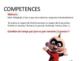 COMPETENCES
Valeurs :
Selon Wikipedia, C’est ce que vous valorisez, respectez individuellement
(la justice, le respect de l’environnement, le respect de la vie privée,
l’amitié, la réussite, l’honneur, le pouvoir, l’entraide, l’amour, Dieu…).
Combien de temps par jour ou par semaine j’y penses ?
 