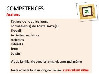 COMPETENCES
Actions
Tâches de tout les jours
Formation(s) de toute sorte(s)
Travail
Activités scolaires
Hobbies
Intérêts
Jeux
Loisirs
Vie de famille, vie avec les amis, vie avec moi même
Toute activité tout au long de ma vie : curriculum vitae
 