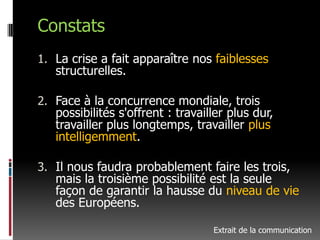 ConstatsLa crise a fait apparaître nos faiblesses structurelles.Face à la concurrence mondiale, trois possibilités s'offrent : travailler plus dur, travailler plus longtemps, travailler plus intelligemment. Il nous faudra probablement faire les trois, mais la troisième possibilité est la seule façon de garantir la hausse du niveau de vie des Européens. Extrait de la communication