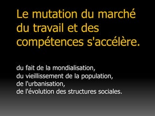 Le mutation du marché du travail et des compétences s'accélère.du fait de la mondialisation, du vieillissement de la population, de l'urbanisation,de l'évolution des structures sociales.