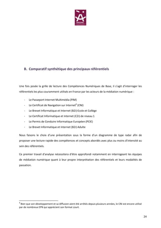 B. Comparatif synthétique des principaux référentiels



Une fois posée la grille de lecture des Compétences Numériques de Base, il s’agit d’interroger les
référentiels les plus couramment utilisés en France par les acteurs de la médiation numérique :

    -   Le Passeport Internet Multimédia (PIM)
    -   Le Certificat de Navigation sur Internet8 (CNI)
    -   Le Brevet Informatique et Internet (B2i) Ecole et Collège
    -   Le Certificat Informatique et Internet (C2i) de niveau 1
    -   Le Permis de Conduire Informatique Européen (PCIE)
    -   Le Brevet Informatique et Internet (B2i) Adulte

Nous faisons le choix d’une présentation sous la forme d’un diagramme de type radar afin de
proposer une lecture rapide des compétences et concepts abordés avec plus ou moins d’intensité au
sein des référentiels.

Ce premier travail d’analyse nécessitera d’être approfondi notamment en interrogeant les équipes
de médiation numérique quant à leur propre interprétation des référentiels et leurs modalités de
passation.




8
 Bien que son développement et sa diffusion aient été arrêtés depuis plusieurs années, le CNI est encore utilisé
par de nombreux EPN qui apprécient son format court.


                                                                                                                   24
 
