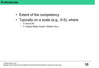 10
© Rajesh Naik, 2010
Released under Creative Commons Attribution-NonCommercial-ShareAlike 3.0 Unported License license
Proficiencies
• Extent of the competency
• Typically on a scale (e.g., 0-5), where
– 0- Not At All
– 5- Subject Matter Expert / Master/ Guru
 